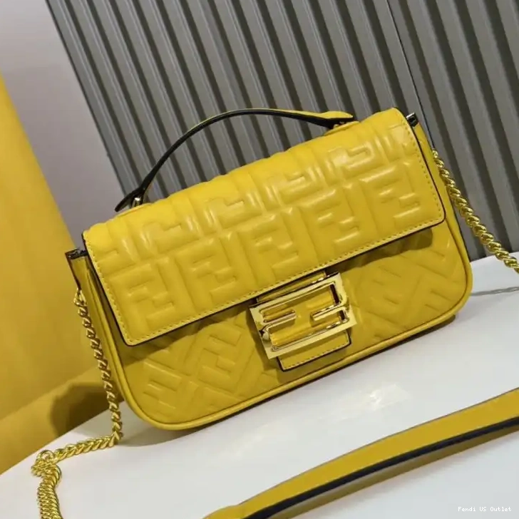 Cheap HOT Leather Motif In Nappa Fendi FF Chain Baguette Yellow Midi Bag 0615